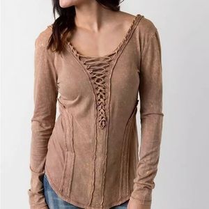 Women’s Gilded Intent Lace Up Mineral Washed Top L/S S NWT!
